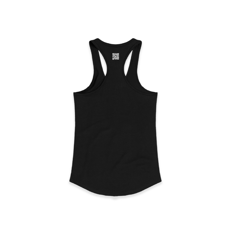 Rear view of a women's black racer back tank top with a small white zdropped QR code printed on the back against a white background