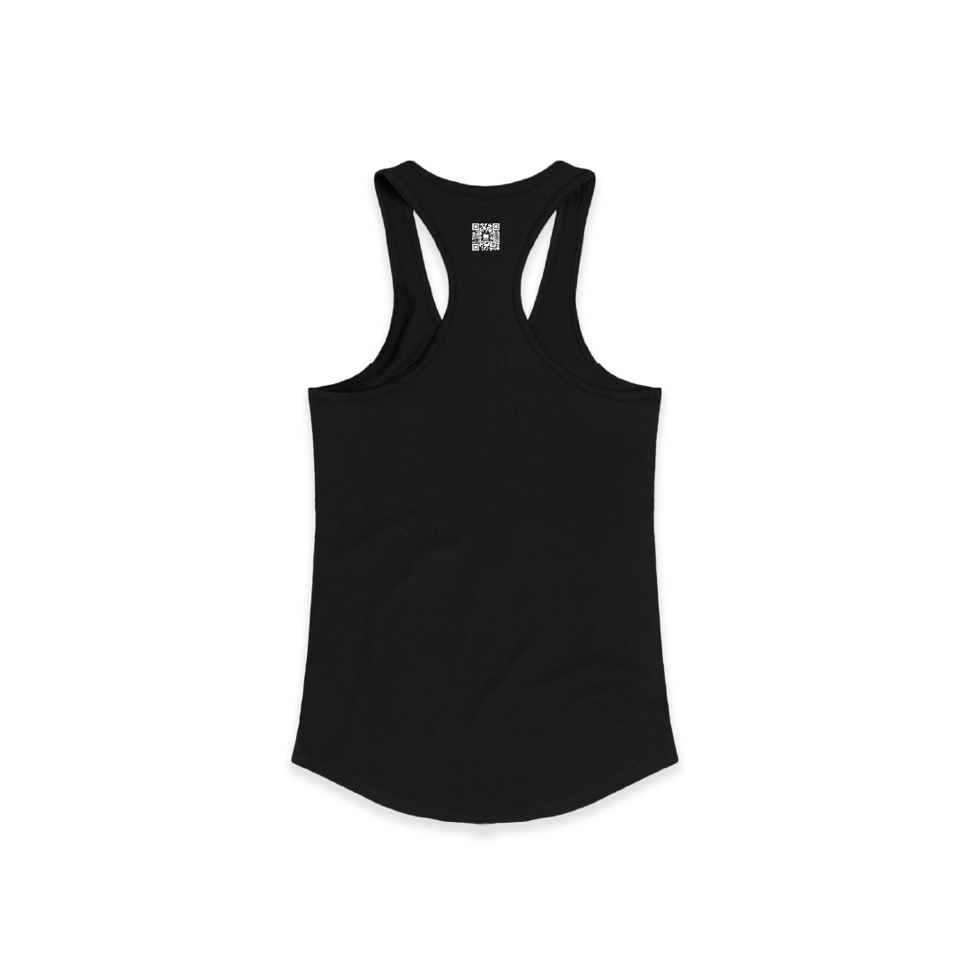 Rear view of a women's black racer back tank top with a small white zdropped QR code printed on the back against a white background