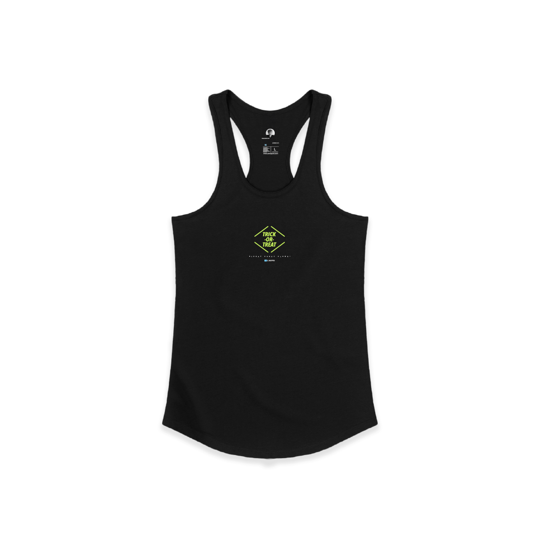 Front view of a black racer back tank top with a trick or treat logo on a white background