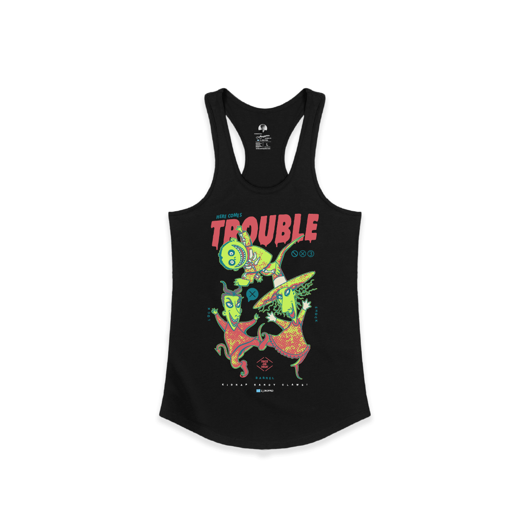 Front view of a black racer back tank top with colorful lock shock and barrel and 'Here Comes Trouble' text on a white background