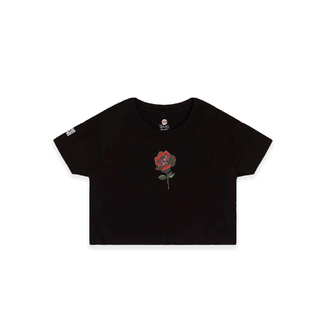 Black crop top t-shirt with a red rose graphic on a white background