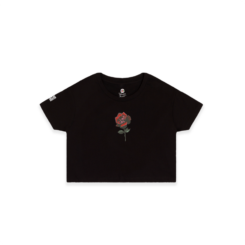 Black crop top t-shirt with a red rose graphic on a white background