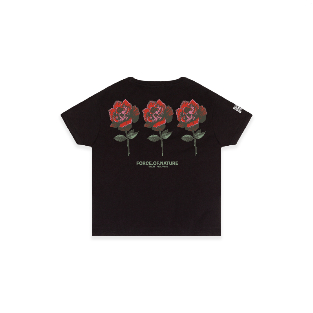Black womens high waist t-shirt with red rose designs on the back against a white background