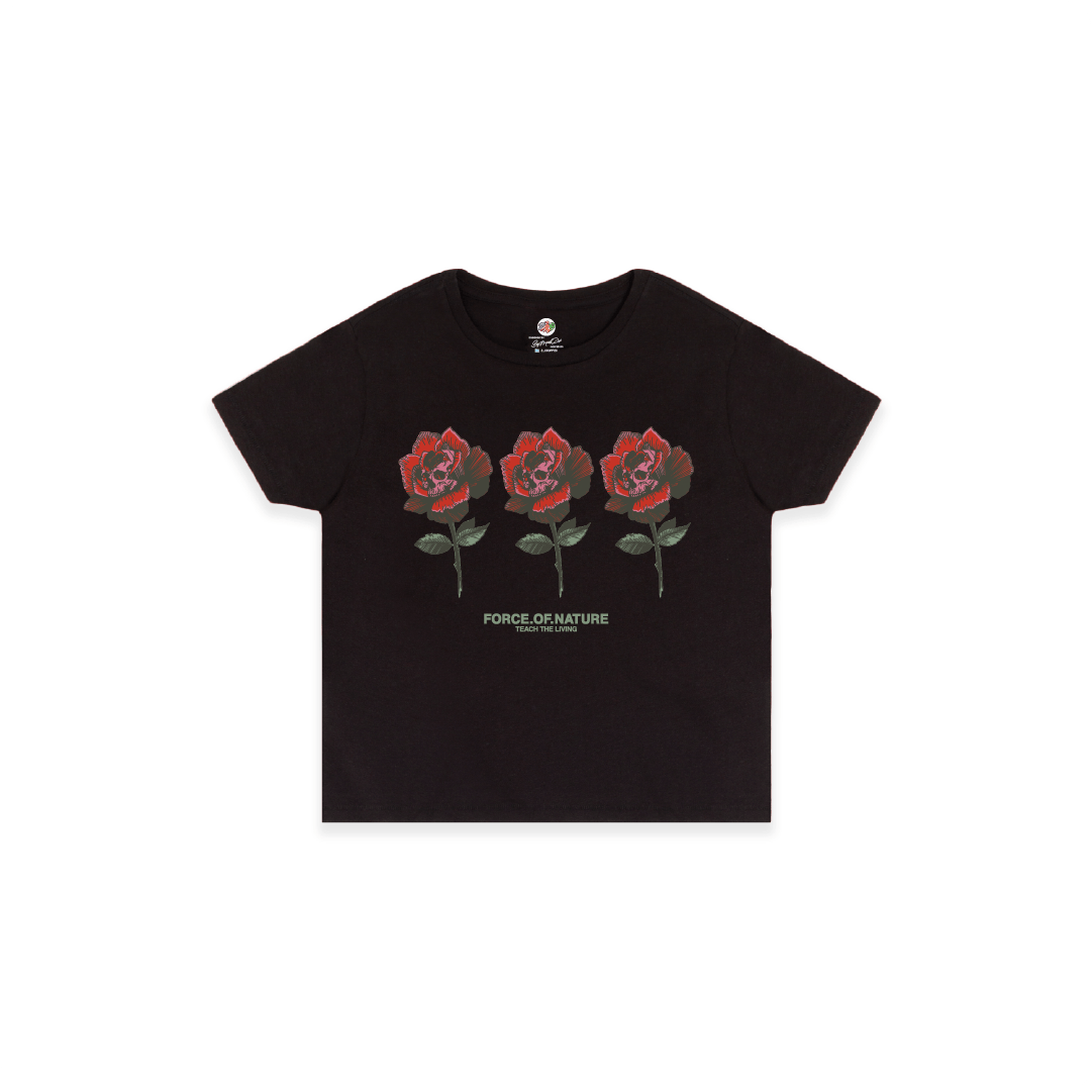 Black crop top t-shirt with red roses and text on a white background