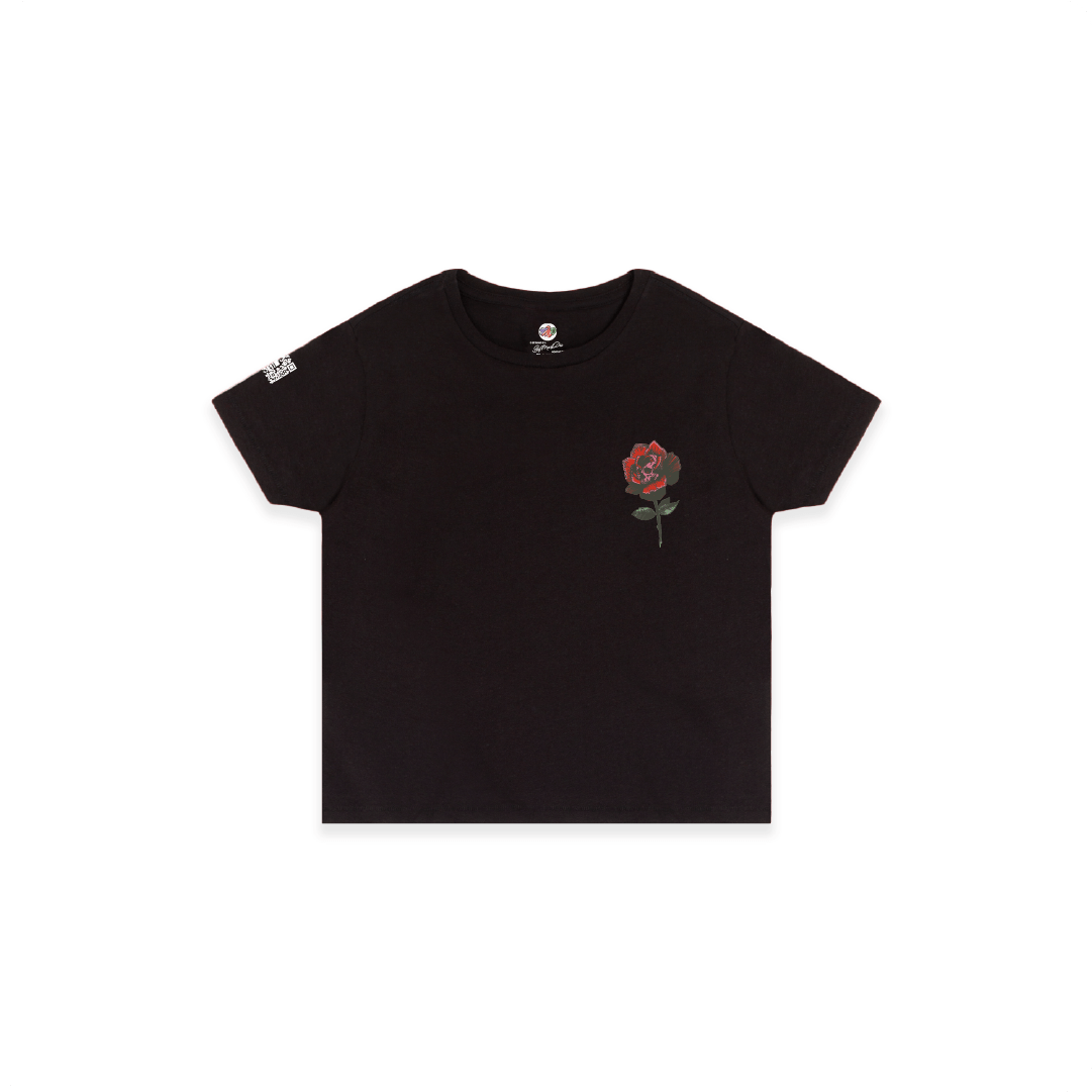 Black womens high waist t-shirt with a rose design on a white background