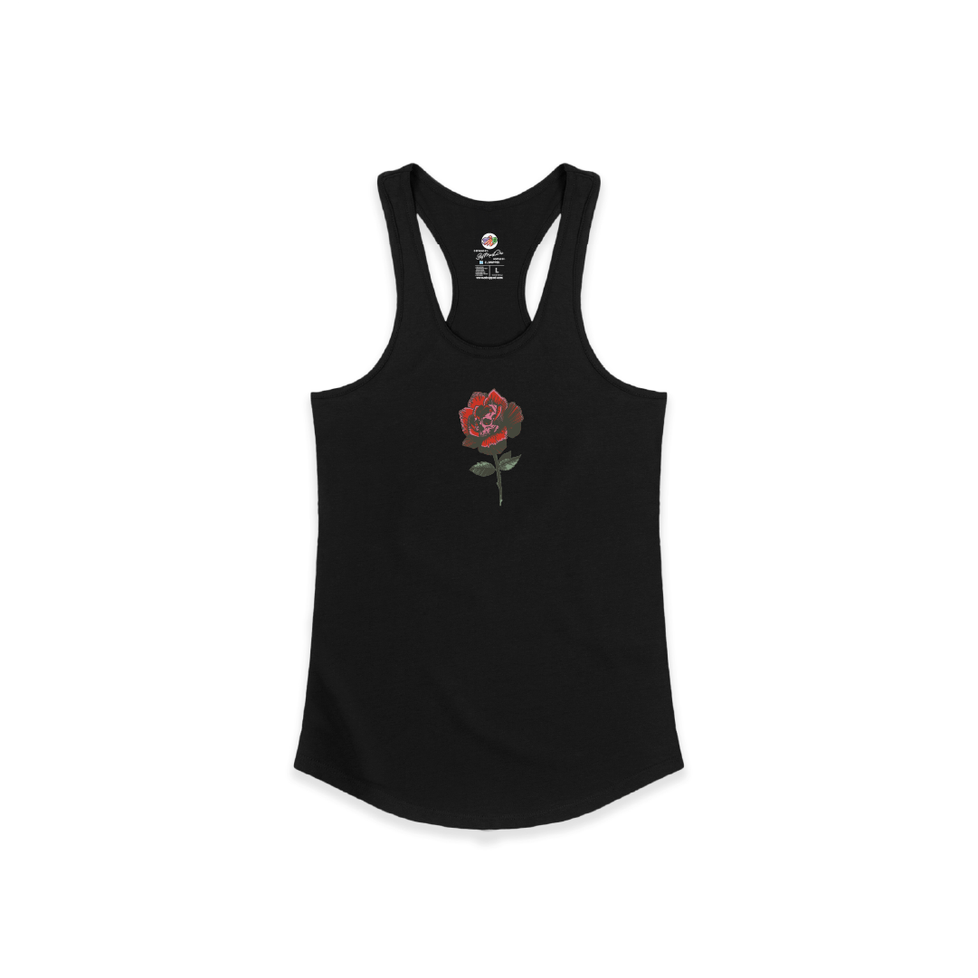 Front view of a womens black racerback tank top with a red rose graphic on a white background