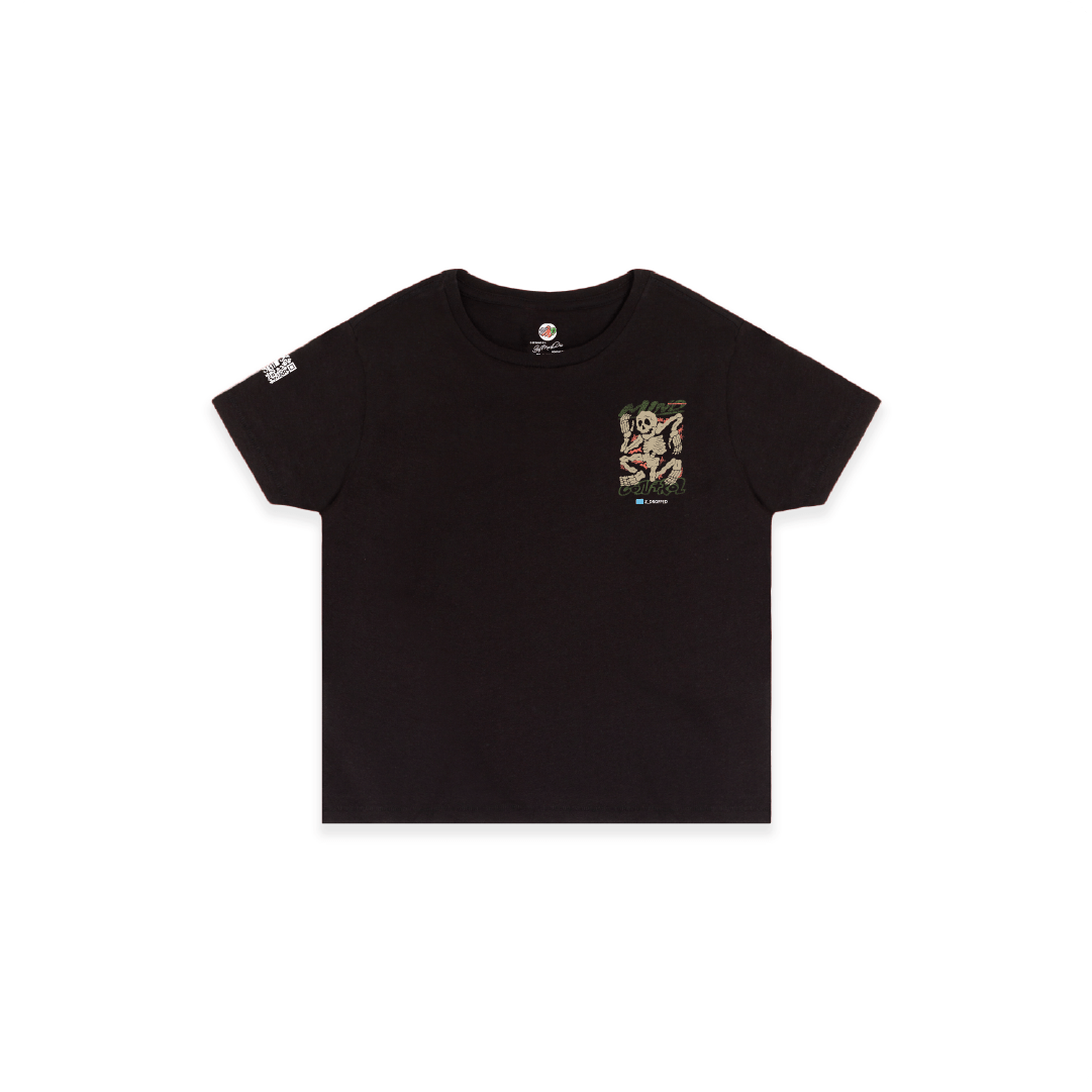 Front view of a womens black high waist t-shirt with skeleton graphic and text on a white background