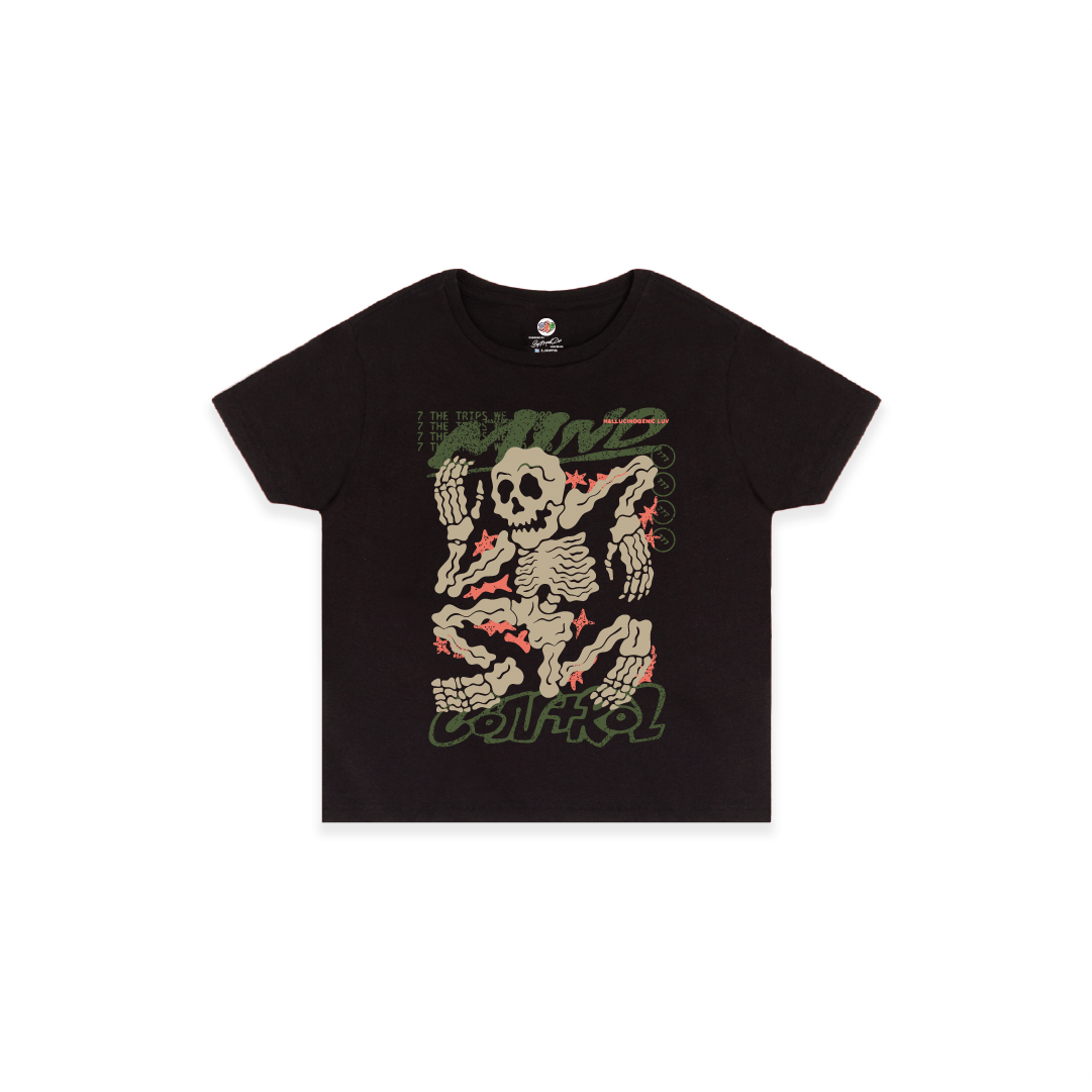 Front view of a womens black high waist t-shirt with skeleton graphic and text on a white background