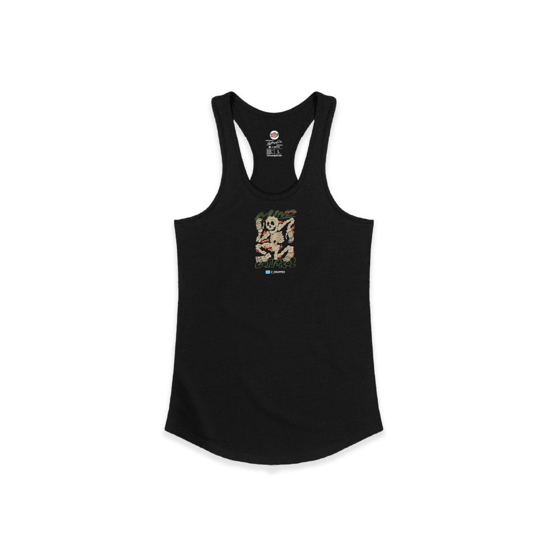 Front view of a womens black racerback tank top with a Mind Control Skeleton Graphic on a white background