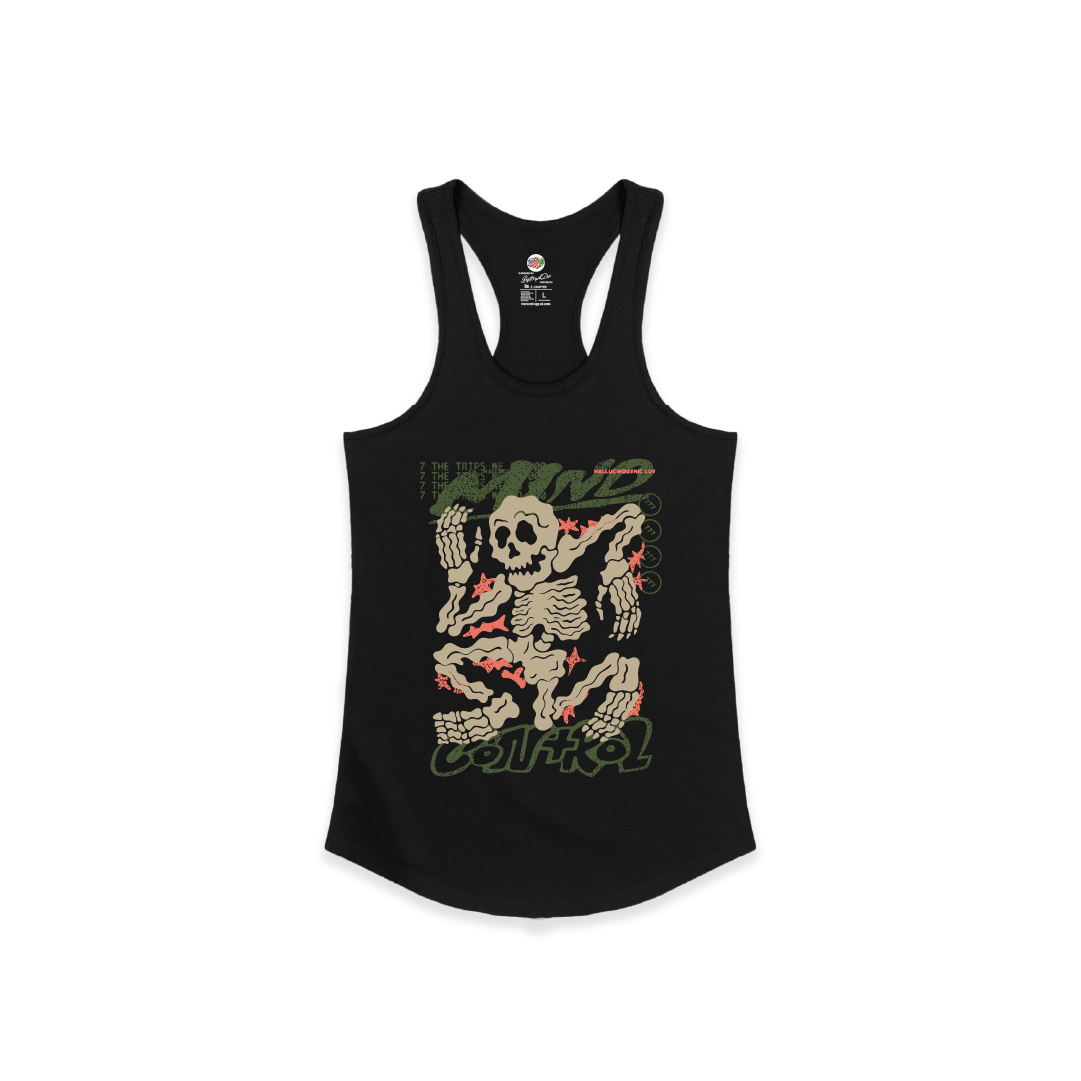Front view of a womens black racerback tank top with a Mind Control Skeleton Graphic on a white background