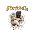 Blessed collection image of a cherub with a ski mask on with the word Blessed in a raised gold style