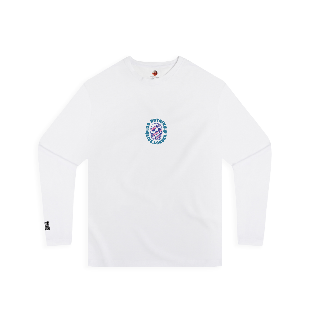 Front view of a unisex white long-sleeved t-shirt with the text 'DO NOTHING LIVE LONGER' and a small skull logo in green on the chest.