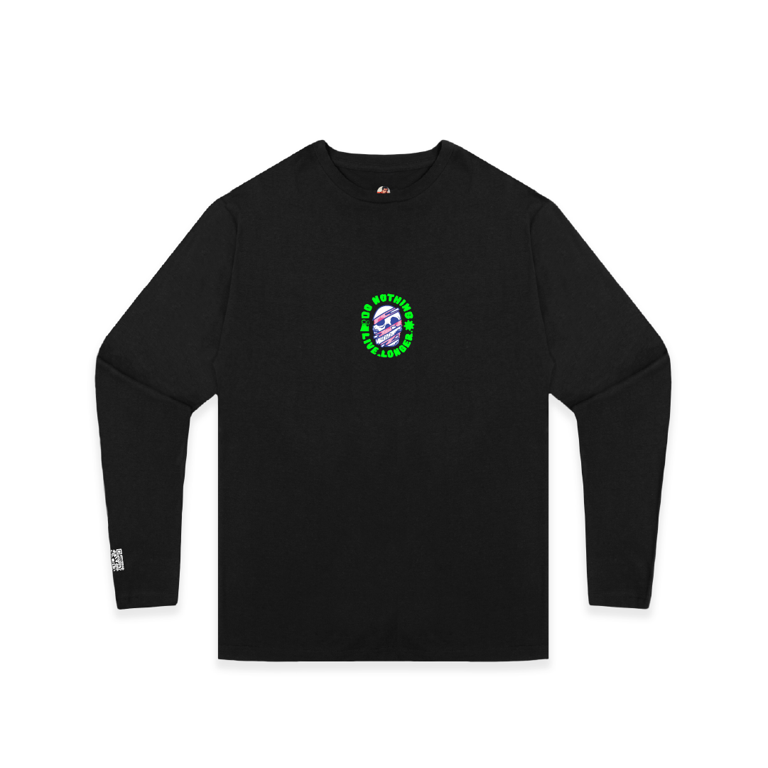 Front view of a unisex black long-sleeved t-shirt with the text 'DO NOTHING LIVE LONGER' and a small skull logo in green on the chest.