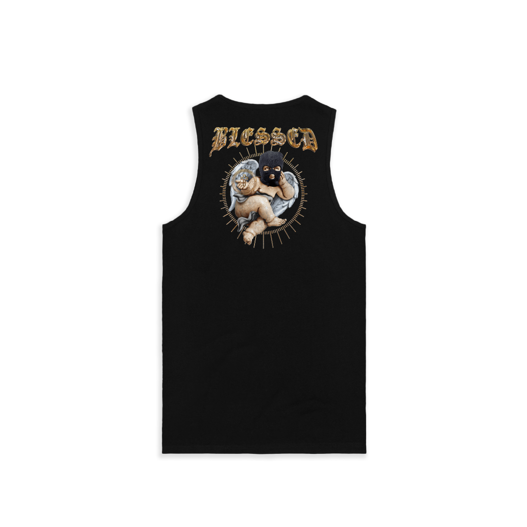 Rear view of a men's black tank top with a cherub graphic and gold BLESSED text on a white background