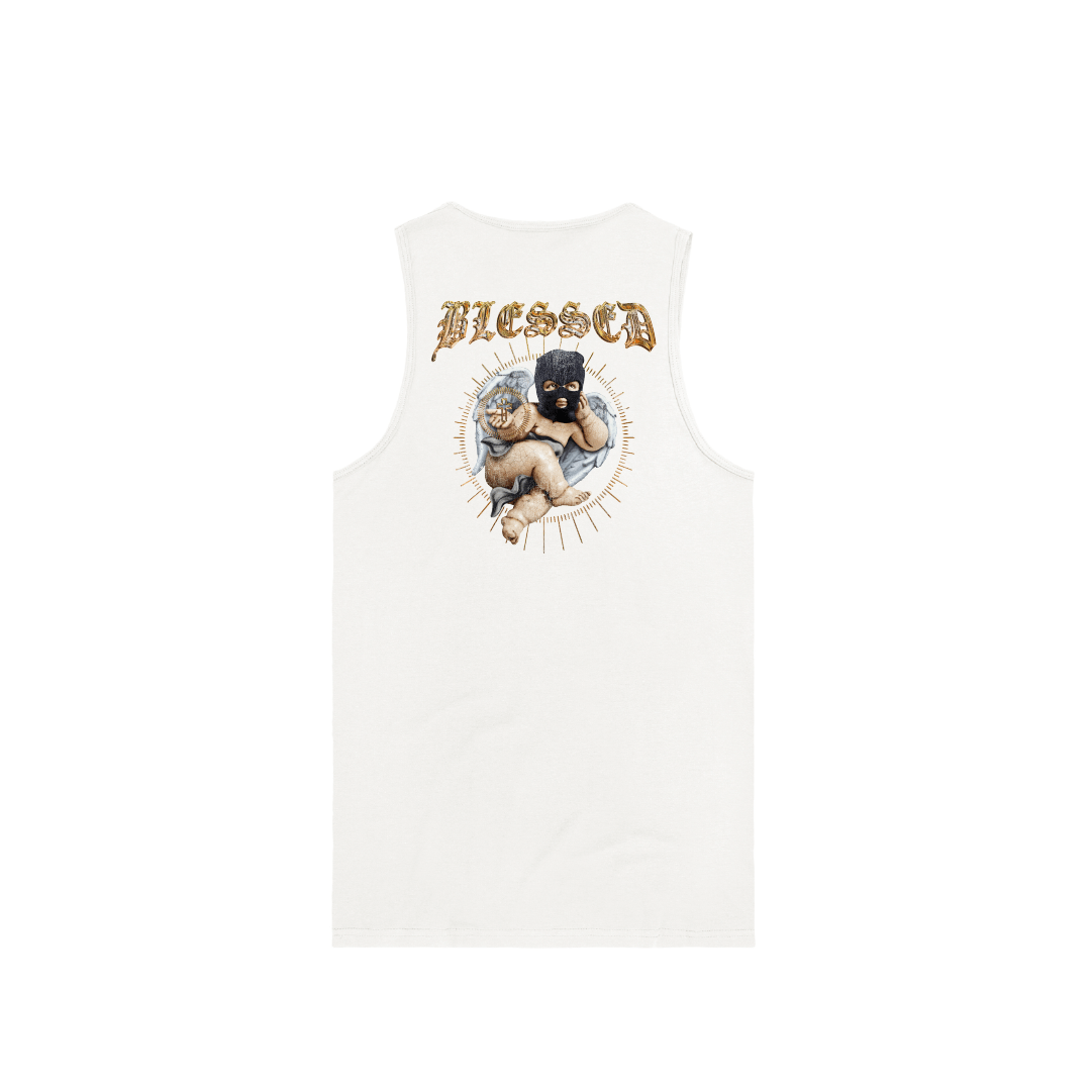 Rear view of a unisex white tank top with a cherub graphic and gold BLESSED text on a white background