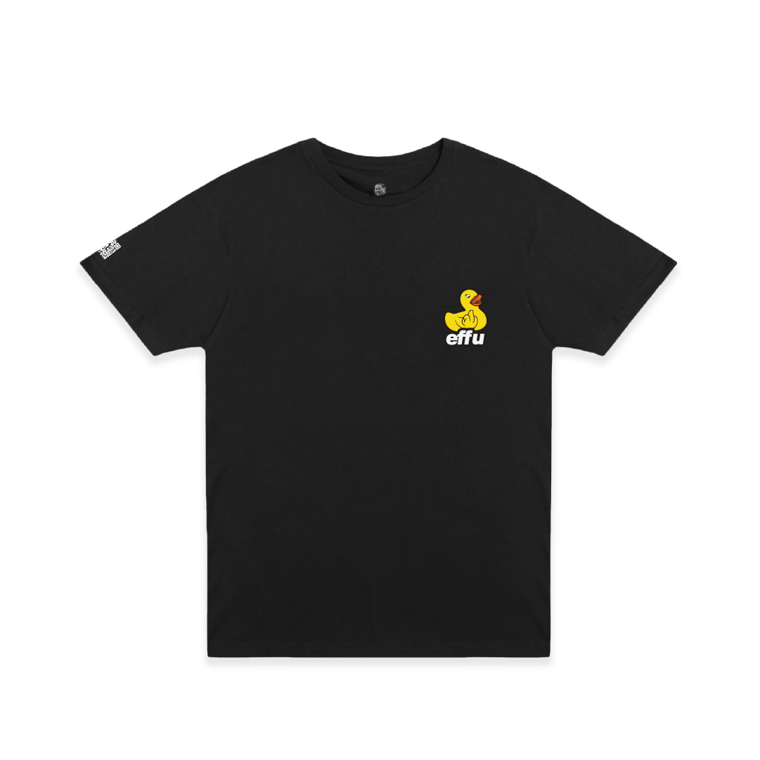Black t-shirt with a small yellow duck graphic and 'elfu' text on a white background