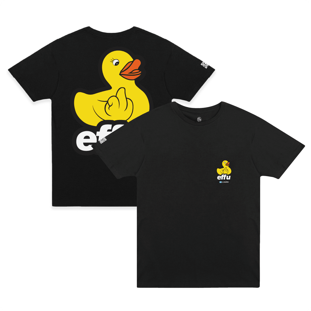 Front and Back View of Keith Kuniyuki's best selling effu black t-shirt.