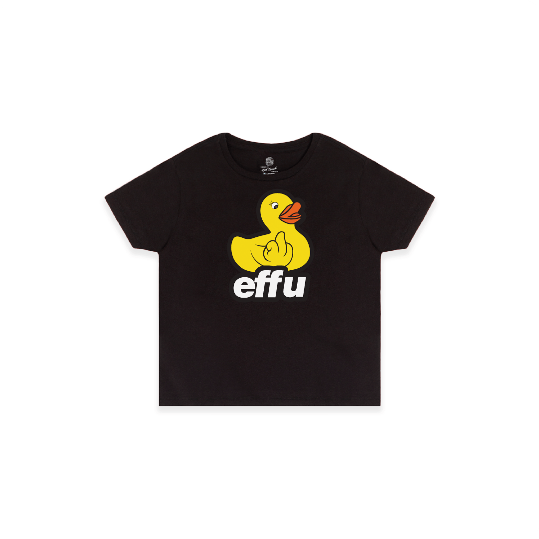 Front view of a womens black high waisted t-shirt with a large yellow rubber ducky logo and 'effu' text on a white background