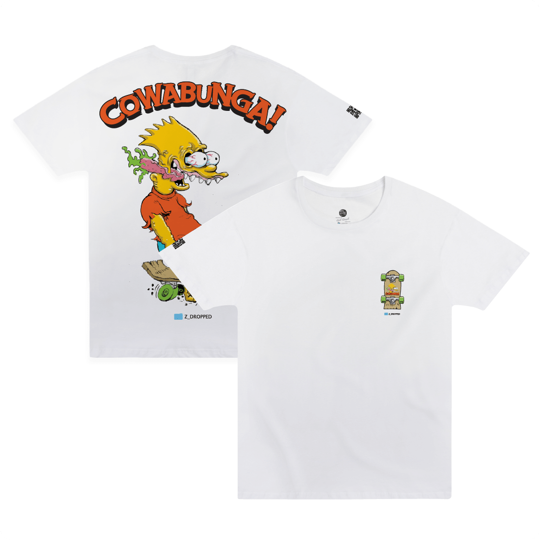 Front and rear view of a white t-shirt with a screaming Bart Simpson Ed Roth cartoon character and 'Cowabunga!' text on a white background