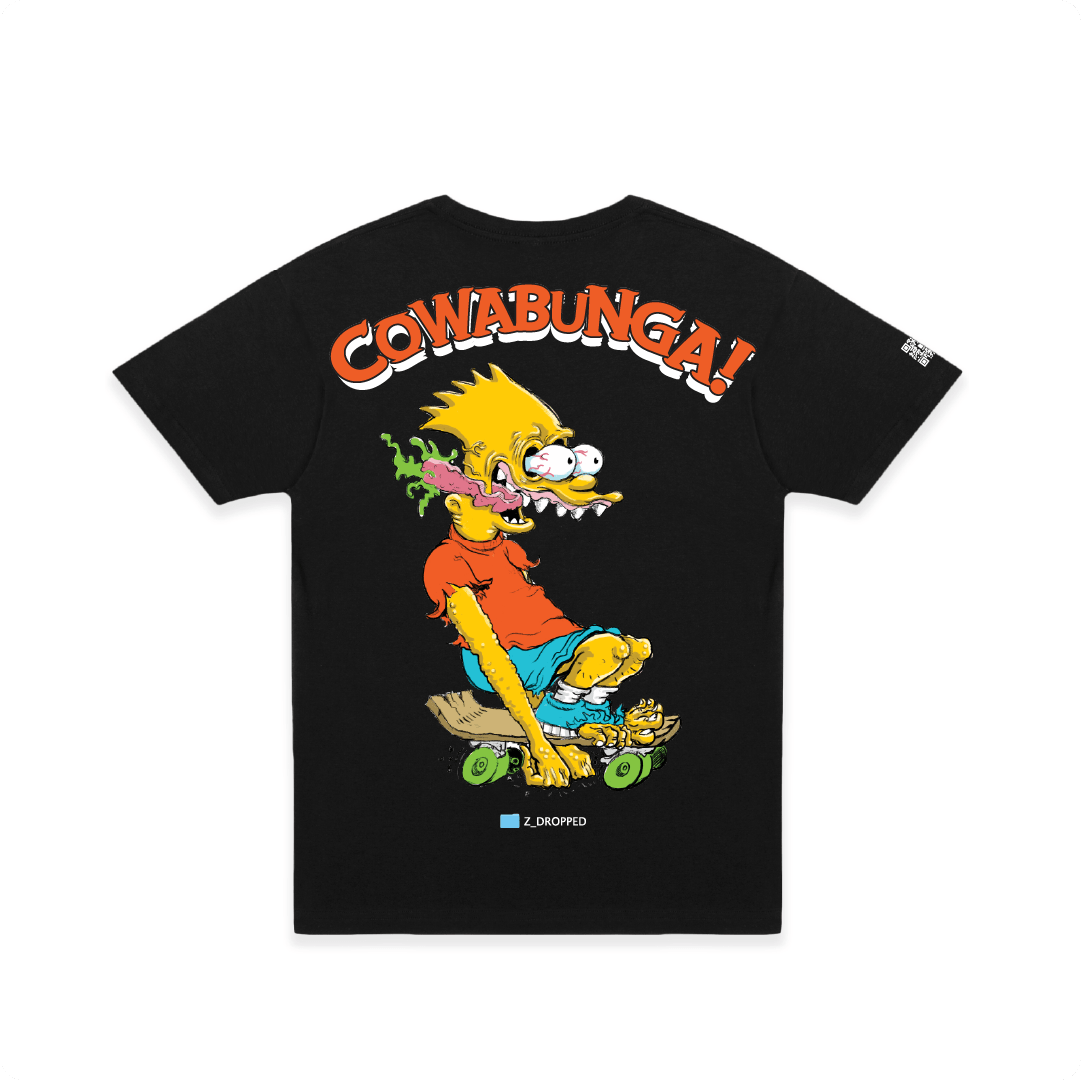 Rear view of a black t-shirt with a Ed Roth Bart Simpson character and 'Cowabunga!' text on a white background