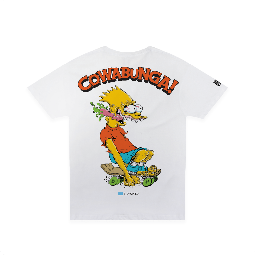 Rear view of a white t-shirt with a screaming Bart Simpson Ed Roth cartoon character and 'Cowabunga!' text on a white background