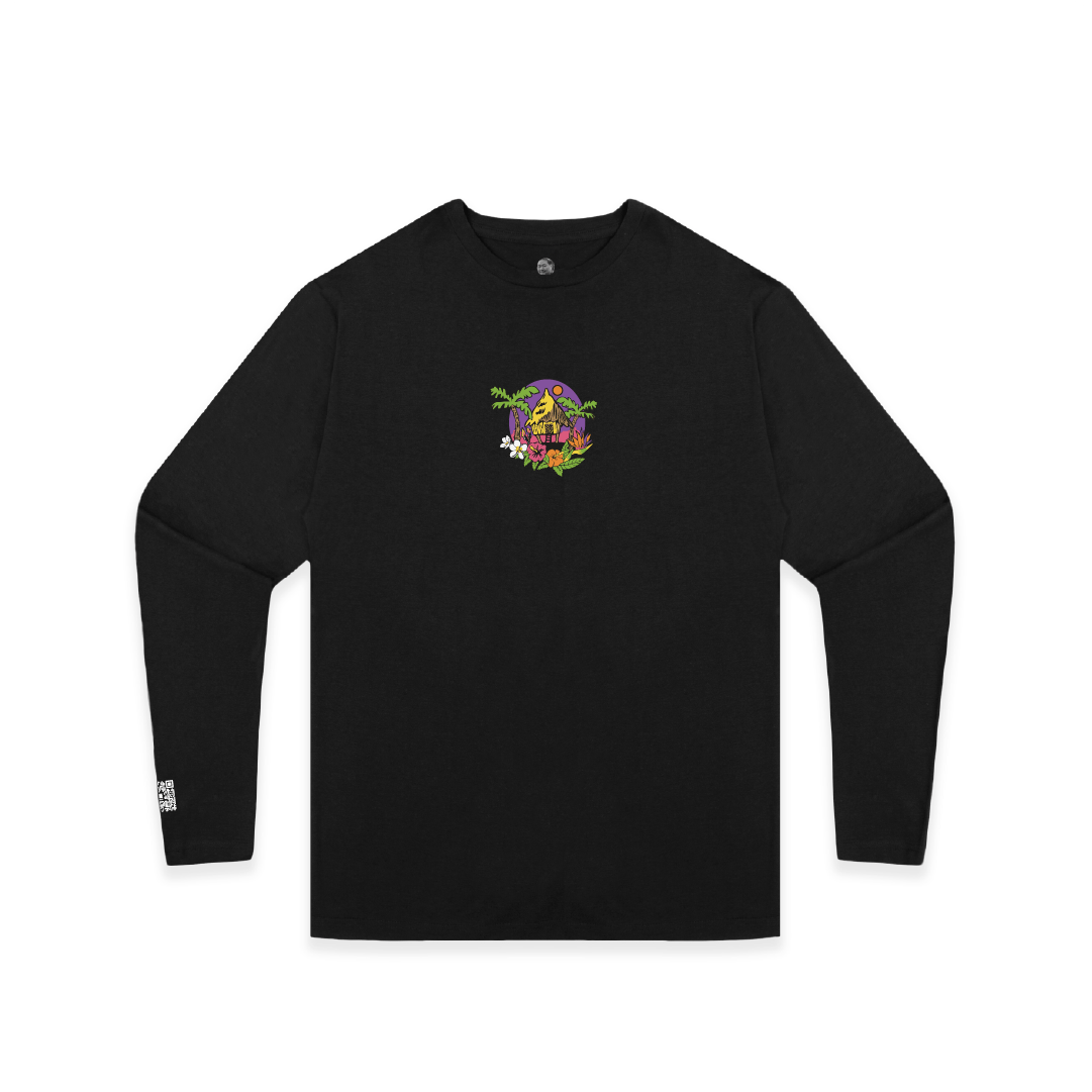 Front view of a black long sleeve shirt with a tropical hut graphic on the front on a white background