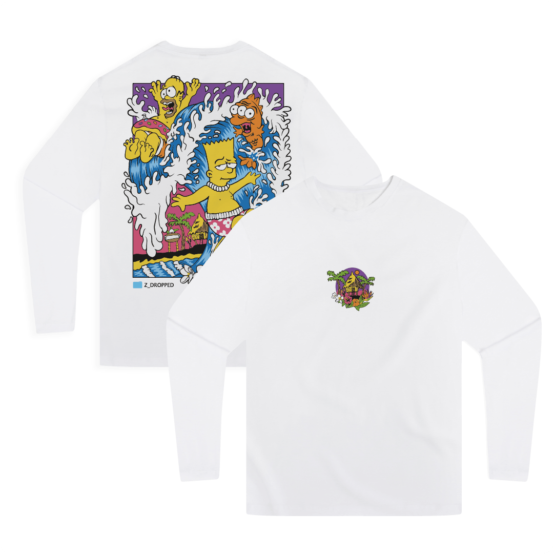 Front and Back View of Keith Kuniyuki's Best Selling white Long Sleeve Bartsunami.