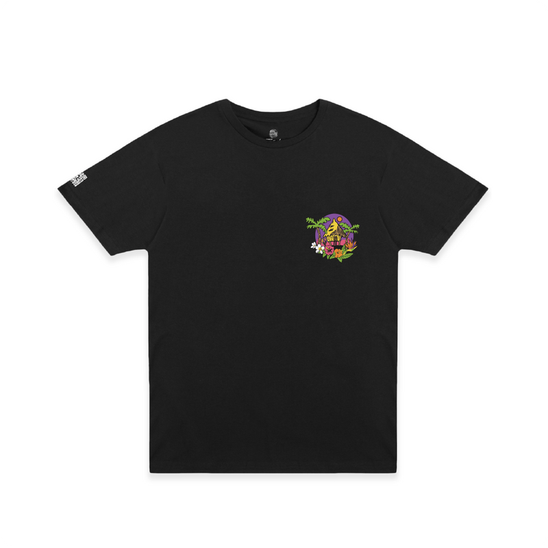 Front view of a black tank top with a tropical hut graphic on the chest on a white background