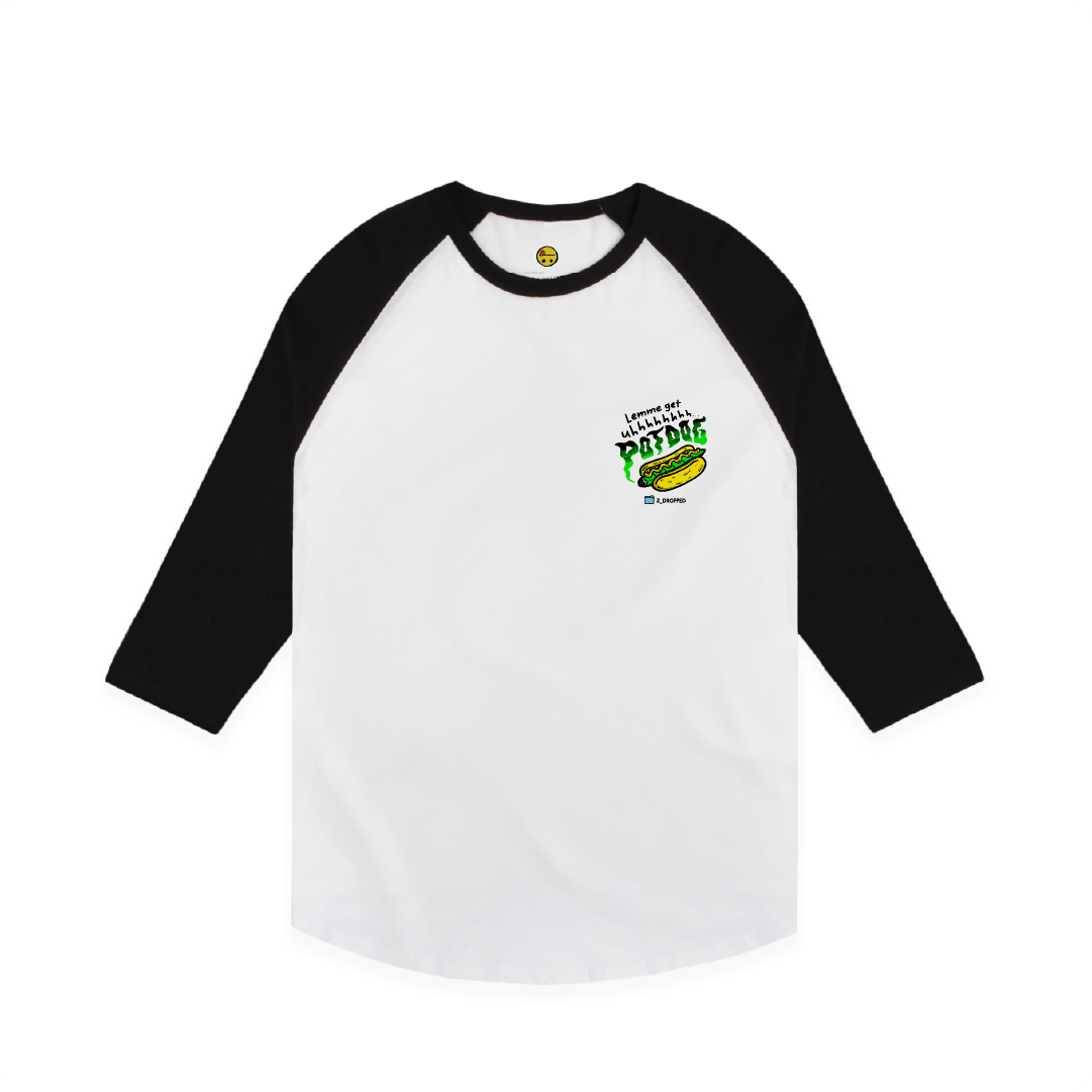White Front view of a unisex raglan graphic design showcasing a single hot dog with green smoke accents and bold text reading “Lemme get uhhhhhh… POTDOG” on the front, on a white  background.