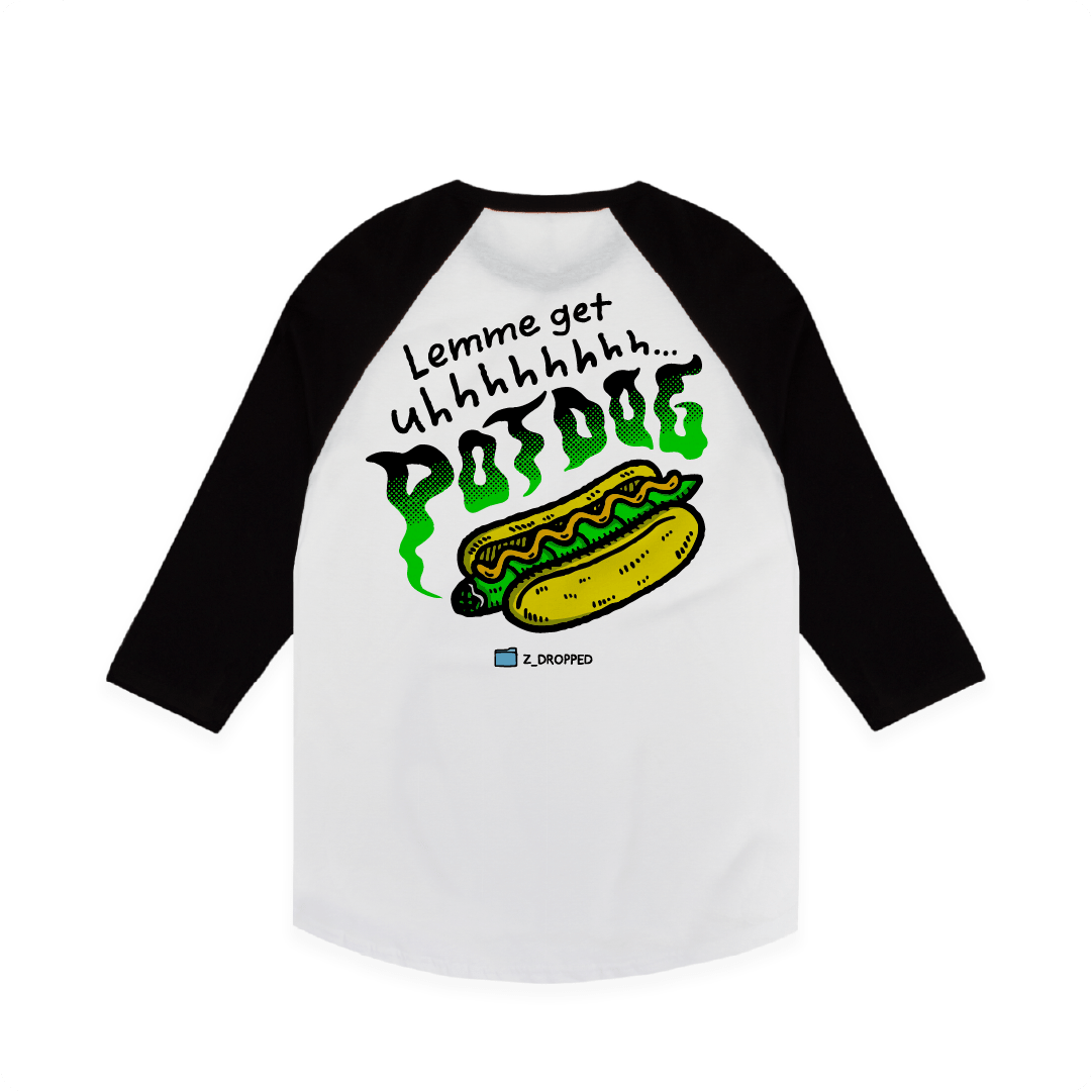 White rear view of a unisex raglan graphic design showcasing a single hot dog with green smoke accents and bold text reading “Lemme get uhhhhhh… POTDOG” on the front, on a white  background.