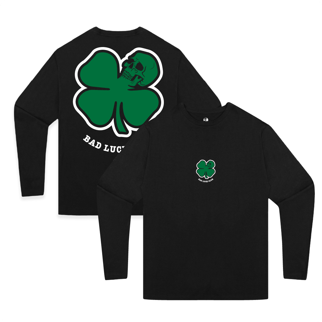 Front and rear view of a black unisex long sleeve shirt with a large green skull clover and white 'Bad Luck Club' text.