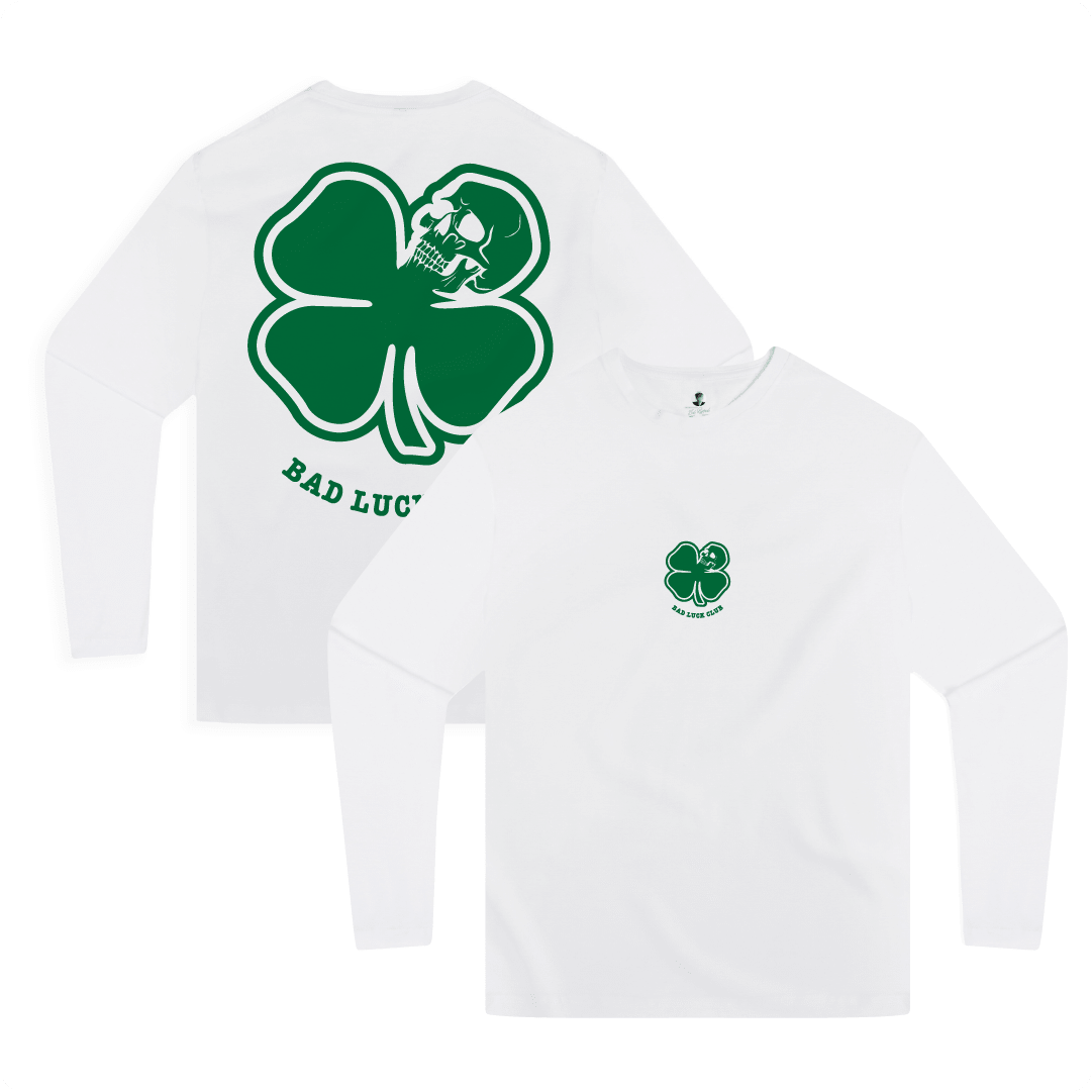 Front and rear view of a unisex long sleeve white shirt with a large green skull clover and green 'Bad Luck Club' text.