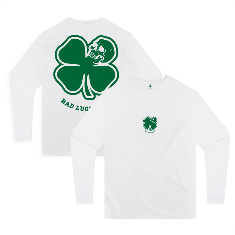 Front and rear view of a unisex long sleeve white shirt with a large green skull clover and green 'Bad Luck Club' text.