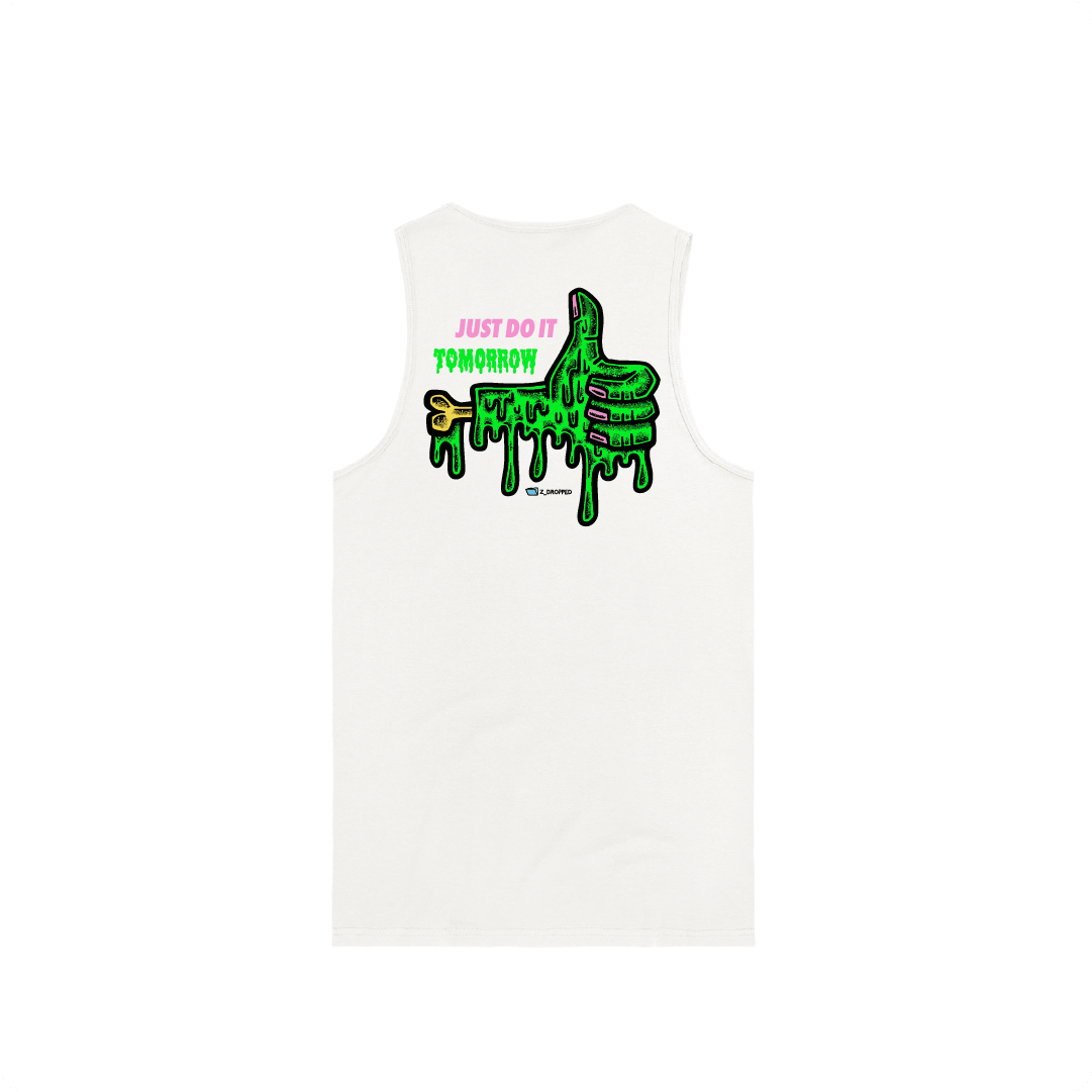 White rear view of a tank top with a dripping green thumb-up graphic and bold text ‘JUST DO IT TOMORROW’ on the front on a white background