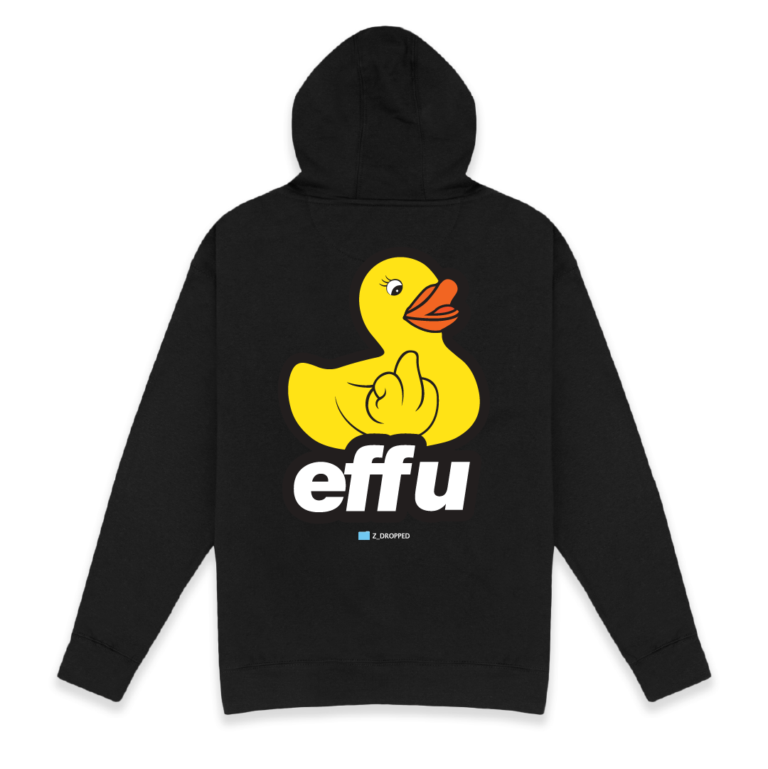 Black hoodie with a yellow duck making a middle finger gesture and the word 'effu' on a white background
