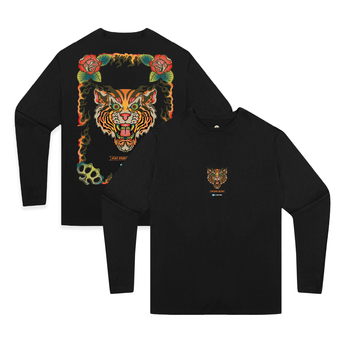 Front and back view of a black long-sleeve shirt with a colorful tiger and flame design on a white background.