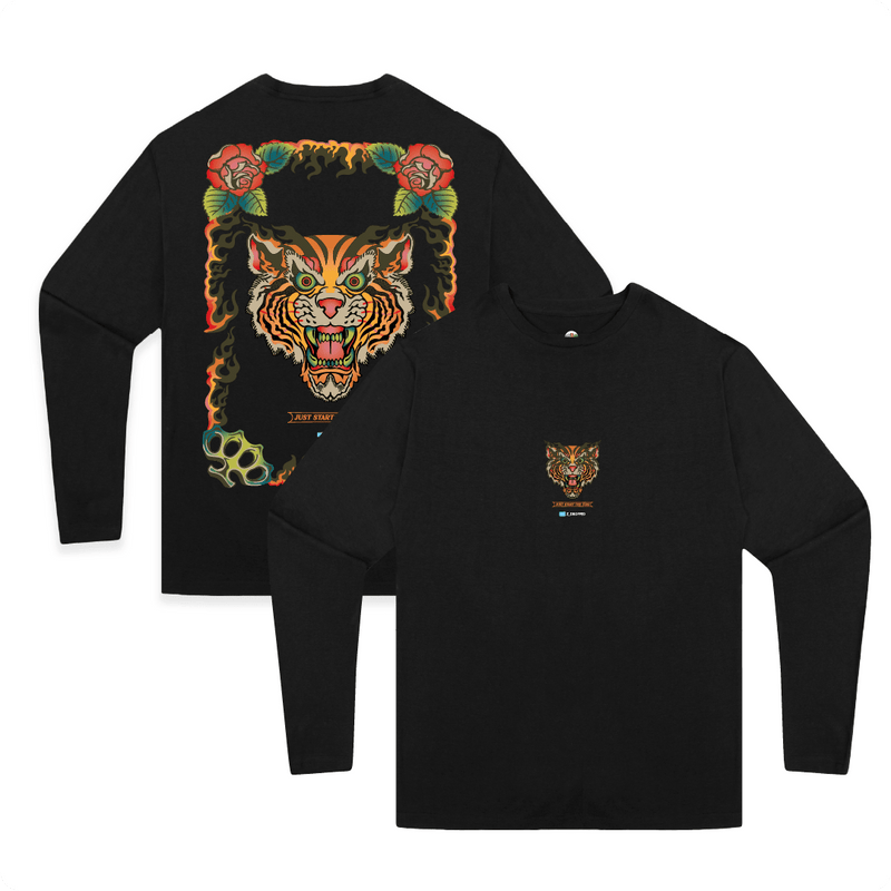 Front and back view of a black long-sleeve shirt with a colorful tiger and flame design on a white background.