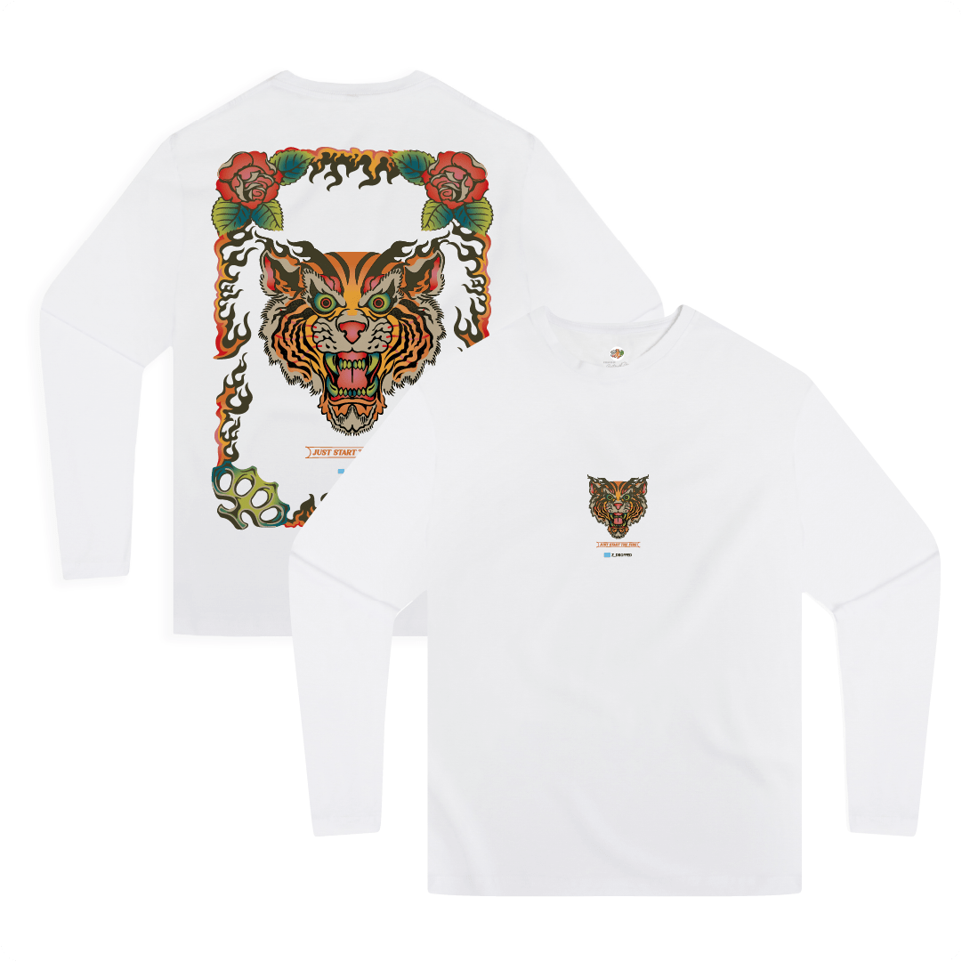 Front and back view of a white long-sleeve shirt with a colorful tiger and flame design on a white background.
