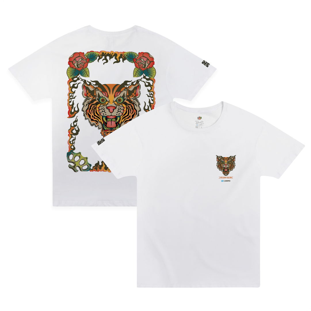 Rear and Front view of a tiger, flames, and brass knuckles on a unisex white t-shirt on a white background. 