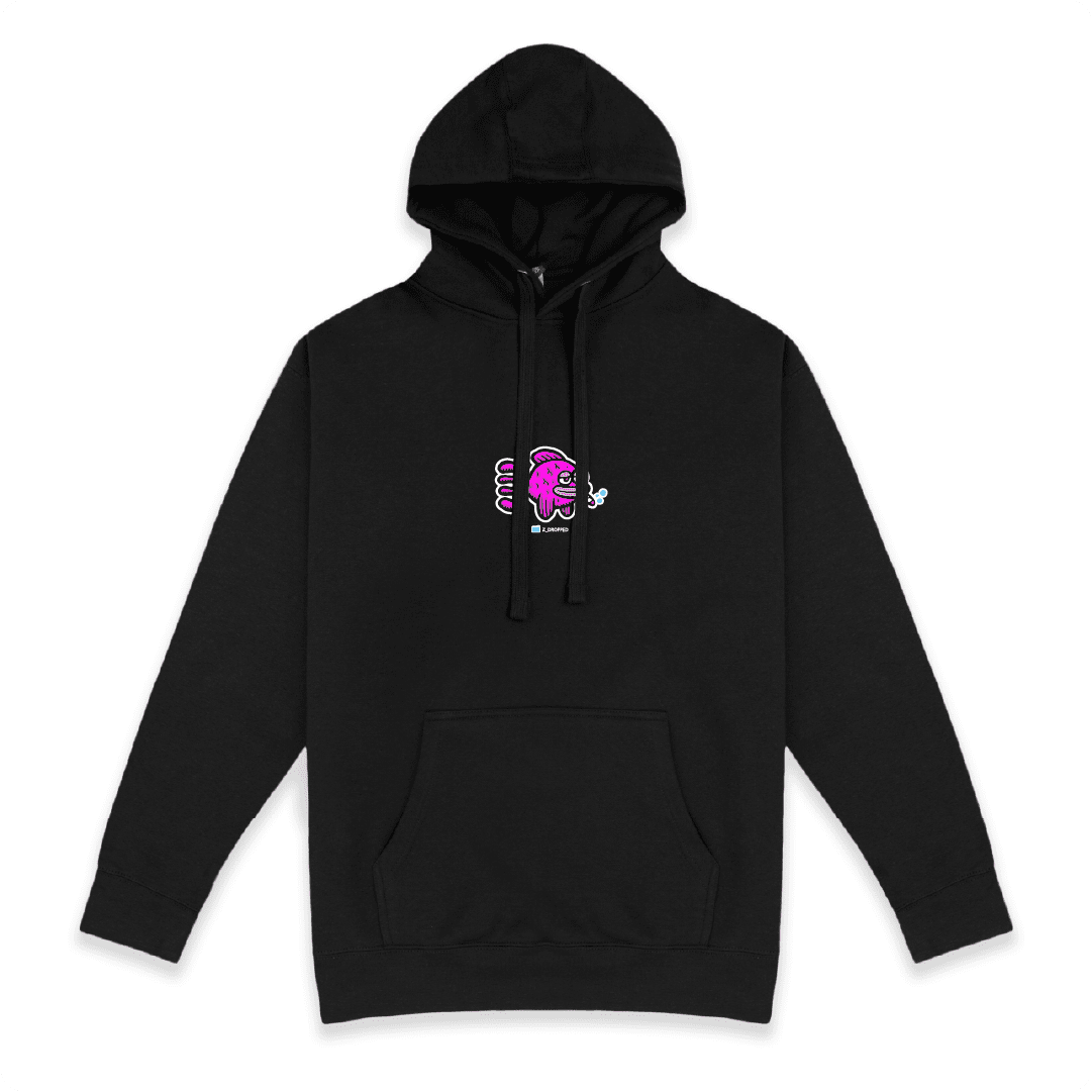 Black front view of a unisex hoodie with a graphic featuring a pink fish inside on the front, on a white background.