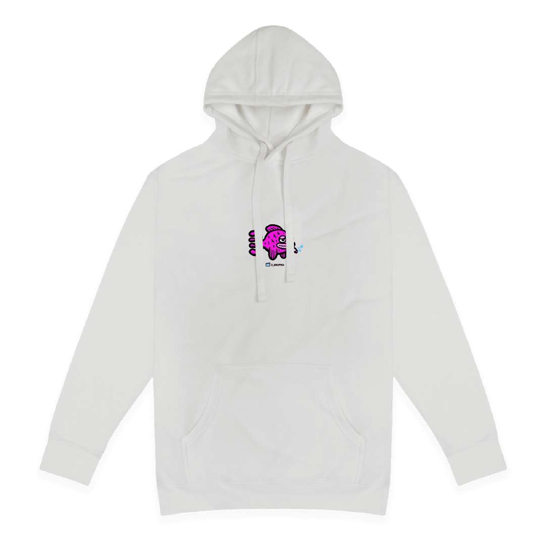 White front view of a unisex hoodie with a graphic featuring a pink fish inside on the front, on a white background.