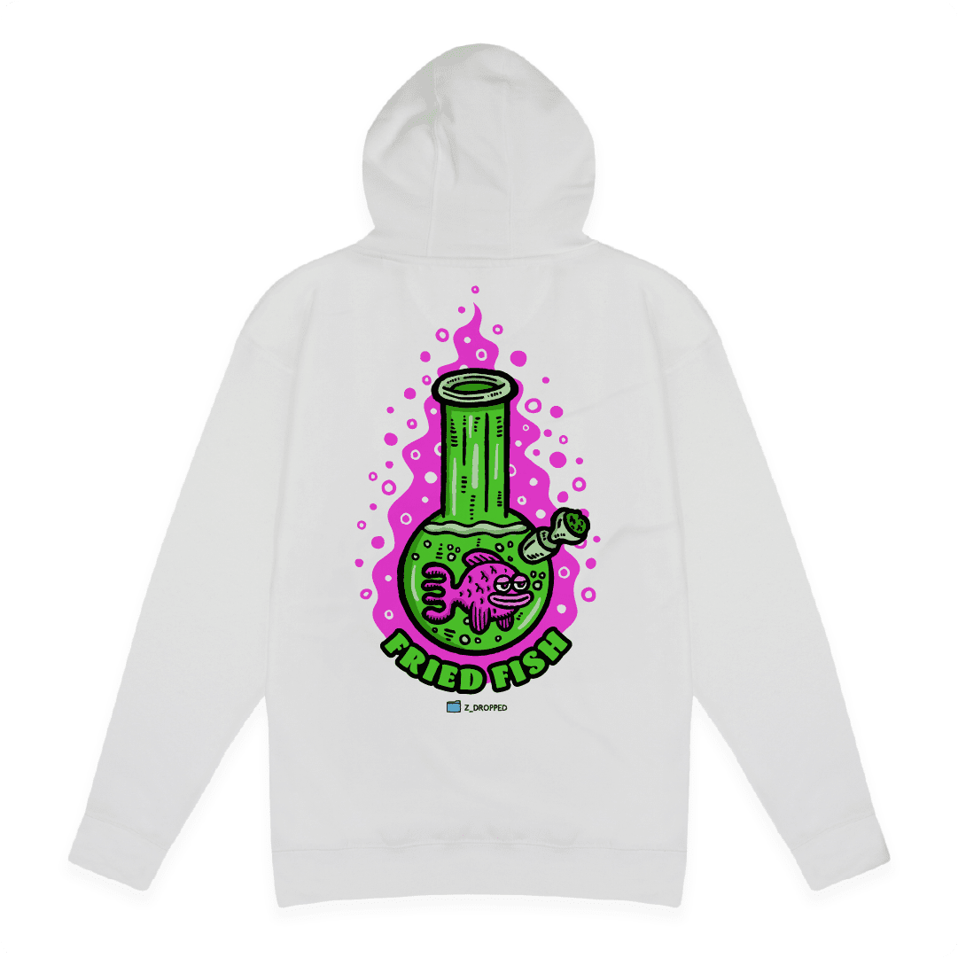 White rear view of a unisex hoodie with a neon green bong graphic featuring a pink fish inside, surrounded by bright pink bubbles and bold text reading “FRIED FISH” on the front, on a white background.
