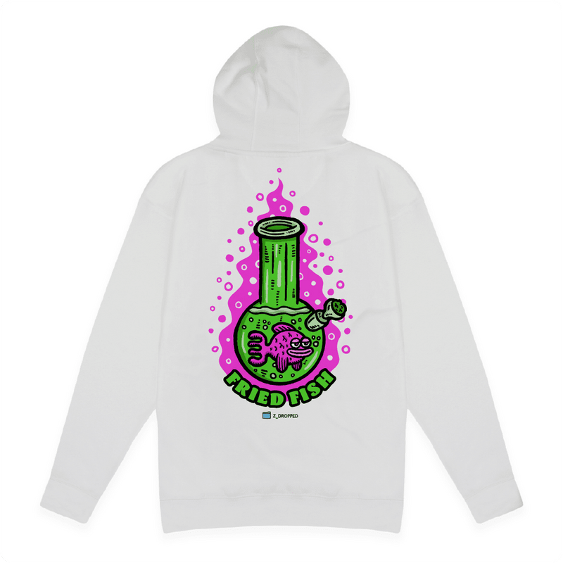 White rear view of a unisex hoodie with a neon green bong graphic featuring a pink fish inside, surrounded by bright pink bubbles and bold text reading “FRIED FISH” on the front, on a white background.