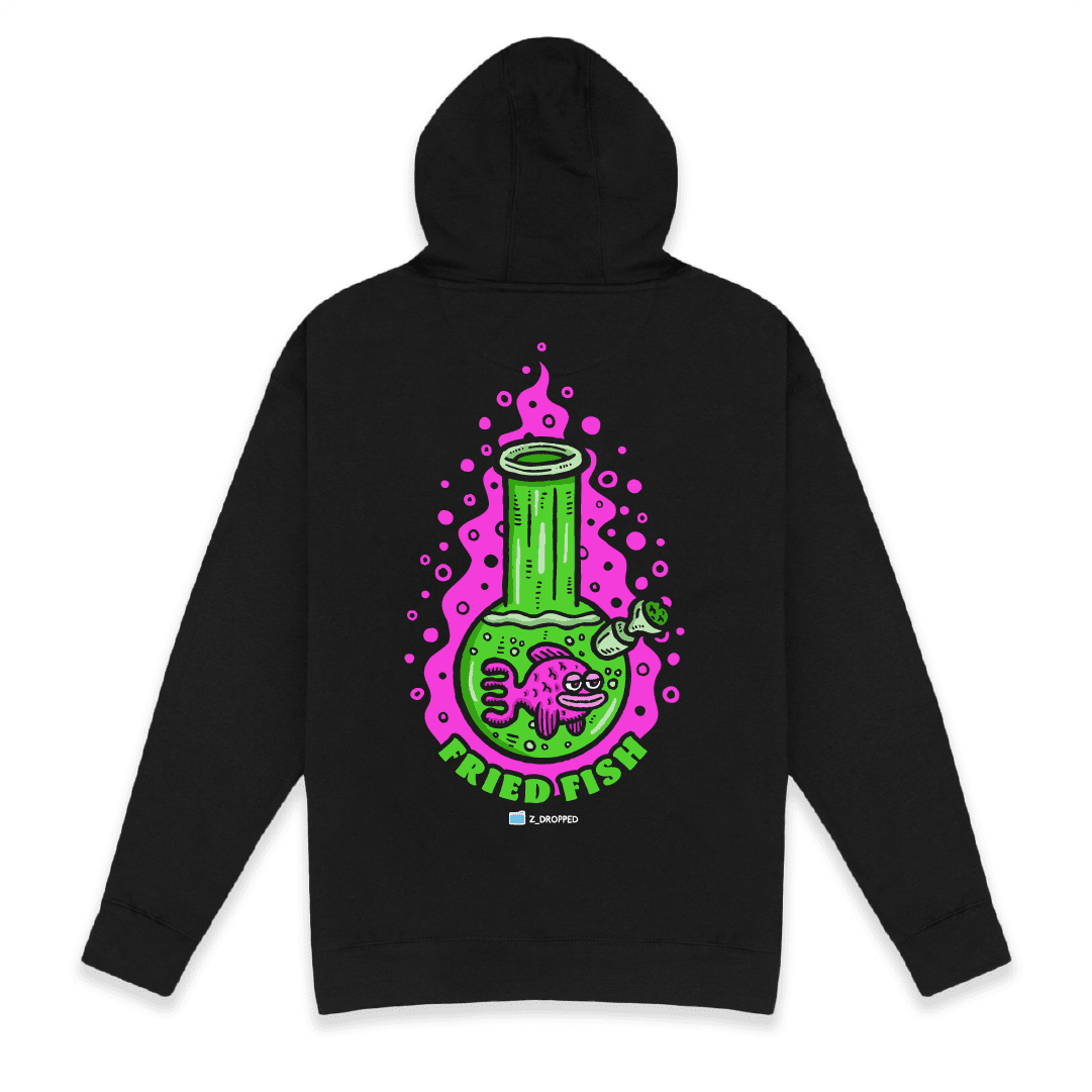 Black rear view of a unisex hoodie with a neon green bong graphic featuring a pink fish inside, surrounded by bright pink bubbles and bold text reading “FRIED FISH” on the front, on a white background.