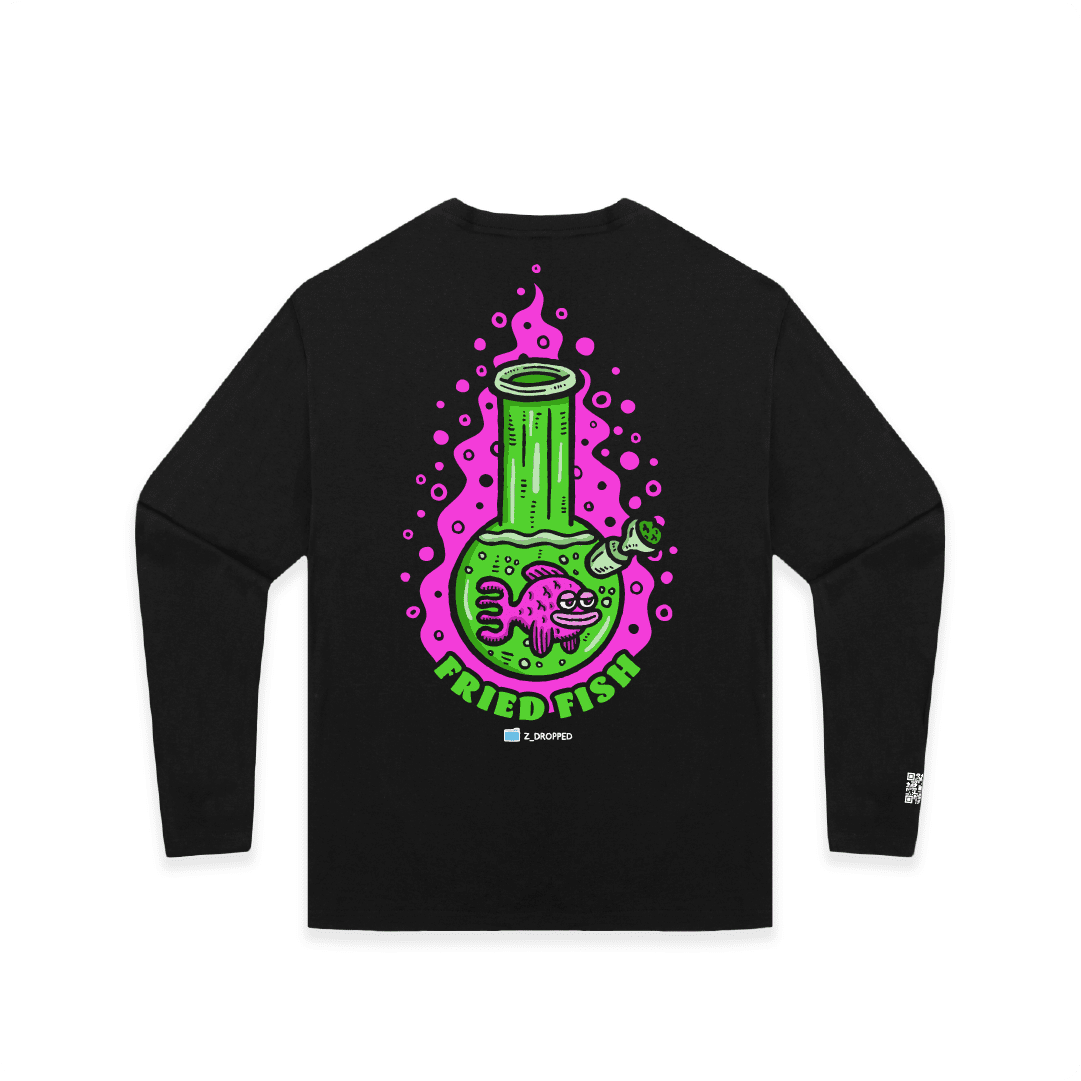 Black rear view of a unisex long sleeve with a neon green bong graphic featuring a pink fish inside, surrounded by bright pink bubbles and bold text reading “FRIED FISH” on the front, on a white background.