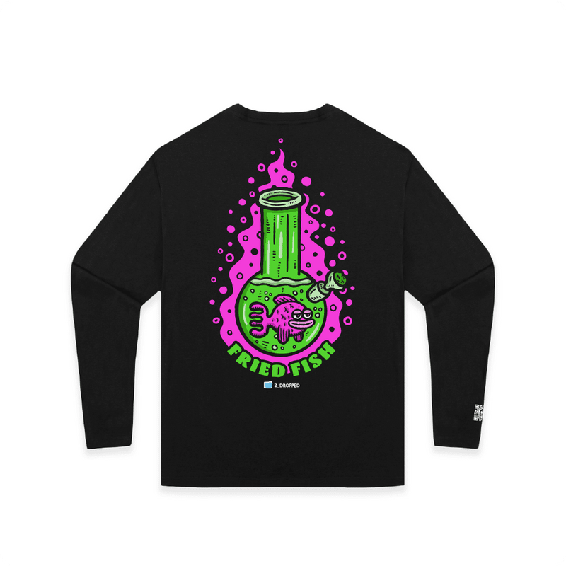 Black rear view of a unisex long sleeve with a neon green bong graphic featuring a pink fish inside, surrounded by bright pink bubbles and bold text reading “FRIED FISH” on the front, on a white background.