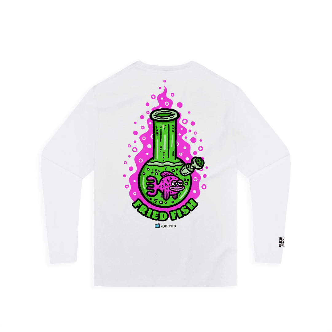 White rear view of a unisex long sleeve with a neon green bong graphic featuring a pink fish inside, surrounded by bright pink bubbles and bold text reading “FRIED FISH” on the front, on a white background.