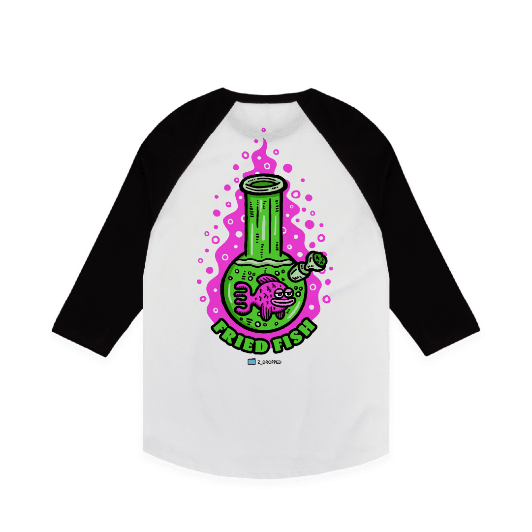 White rear view of a unisex raglan tee with a neon green bong graphic featuring a pink fish inside, surrounded by bright pink bubbles and bold text reading “FRIED FISH” on the front, on a white background.