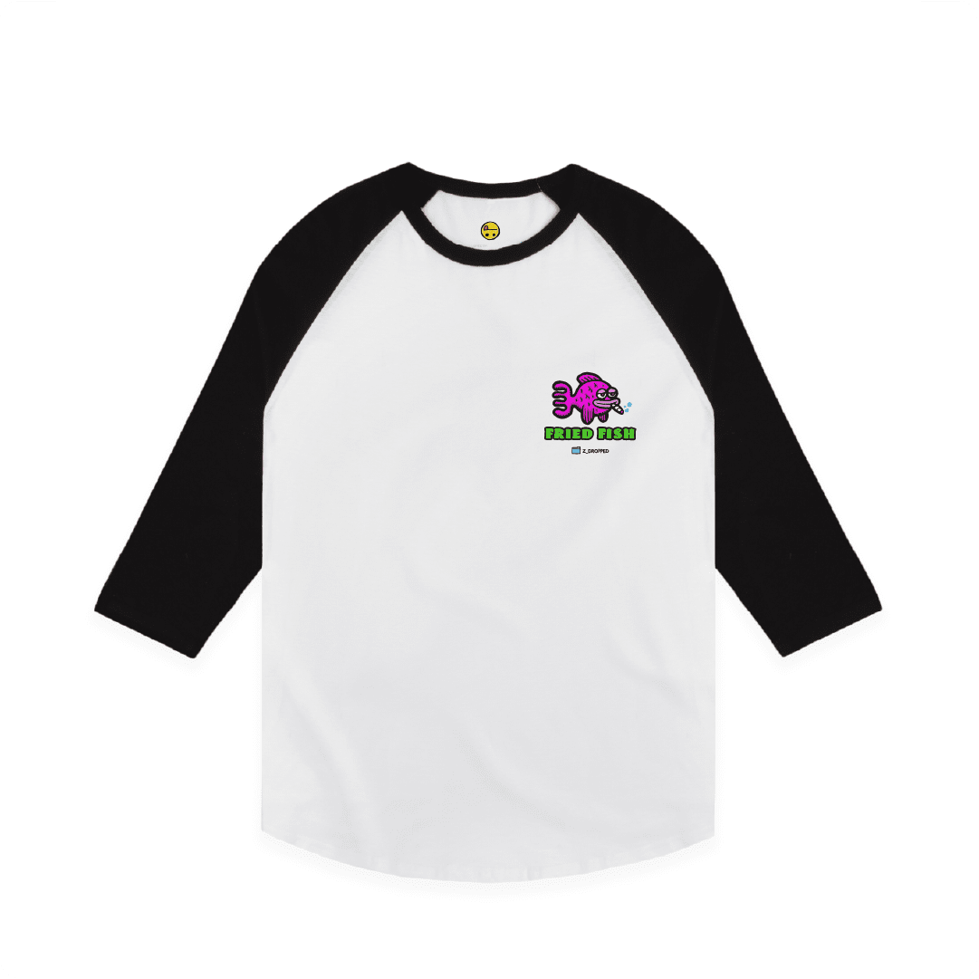 White Front view of a unisex raglan tee with a neon green bong graphic featuring a pink fish inside, surrounded by bright pink bubbles and bold text reading “FRIED FISH” on the front, on a white background.
