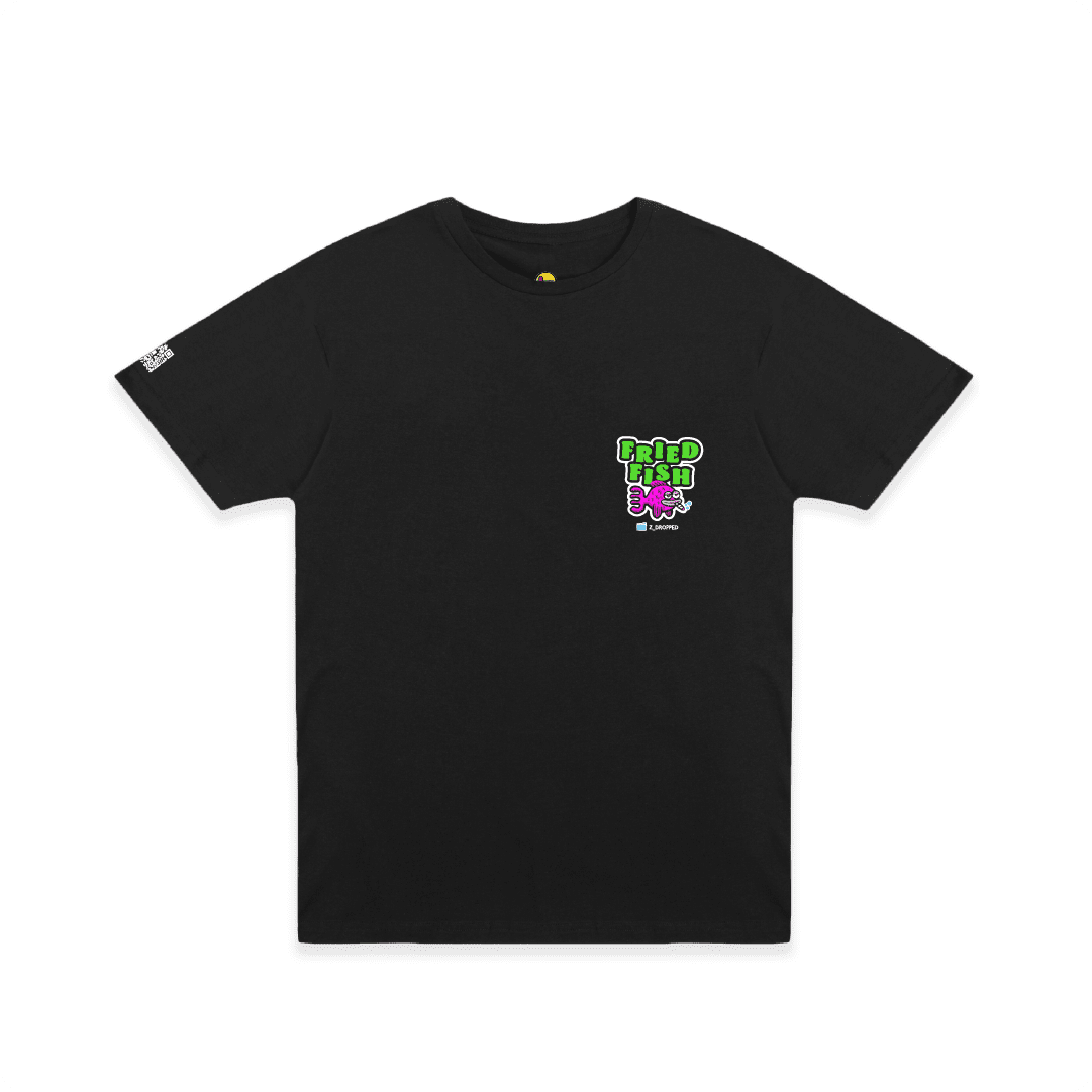 Black front view of a unisex tee with a neon green bong graphic featuring a pink fish inside and bold text reading “FRIED FISH” on the front, on a white background.